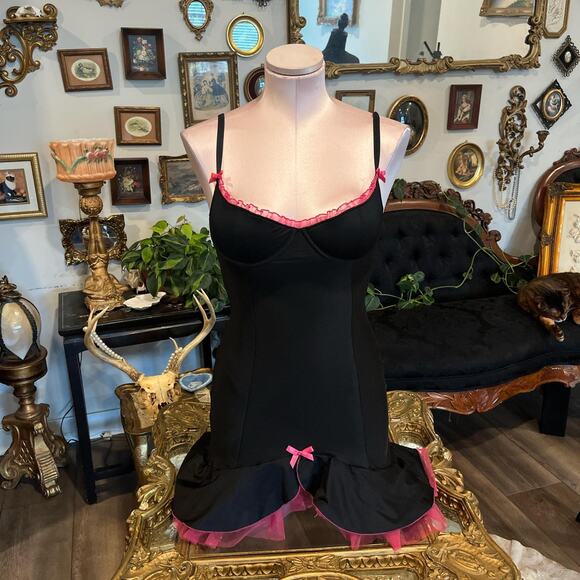 Vintage Y2K Victoria’s Secret black pink mini dress bow tulle lingerie 34B